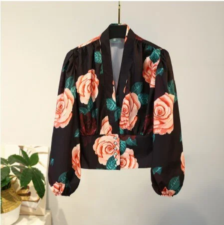 FashionSierra - V-neck Lantern Sleeve Patchwork Printing Blouse