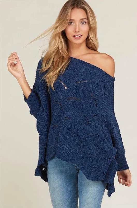 Dolman Sleeves Chenille Wavy Hem Pullover Sweater