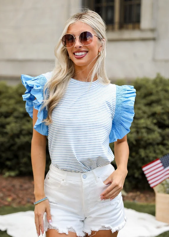 Easily Enjoyed Blue Striped Ruffle Sleeve Blouse