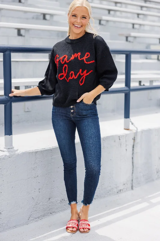 It's Game Day Black/Red Puff Sleeve Sweater