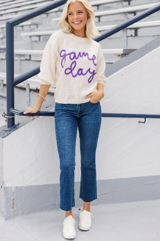 It's Game Day Ivory/Purple Puff Sleeve Sweater