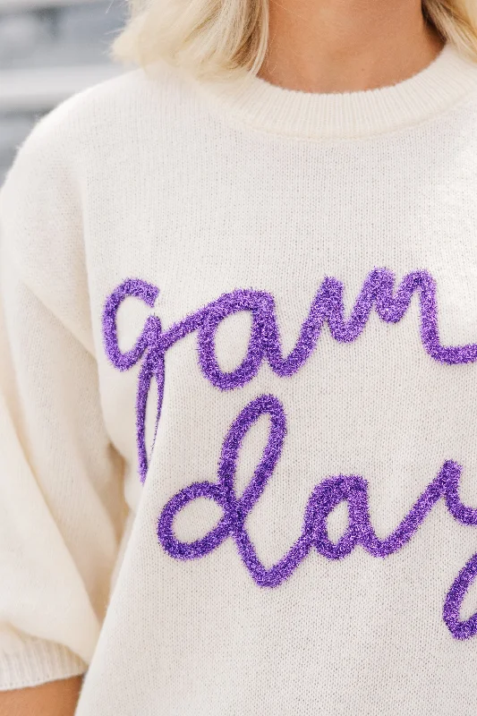 It's Game Day Ivory/Purple Puff Sleeve Sweater