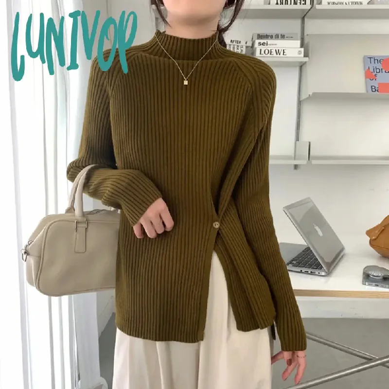 Lunivop Autumn and Winter Temperament Half-high Neck Side Slit Pullover Top Korean Version of the Fashion Long-sleeved Sweater Knitwear