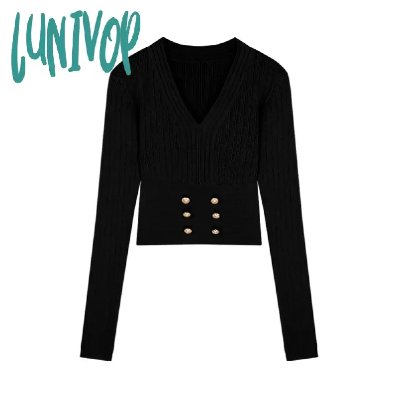 Lunivop Autumn Winter Vintage Buttons V-neck Sweater Ladies Loose Casual Knitting Pullover Top Women Long Sleeved Slim Fit Tops