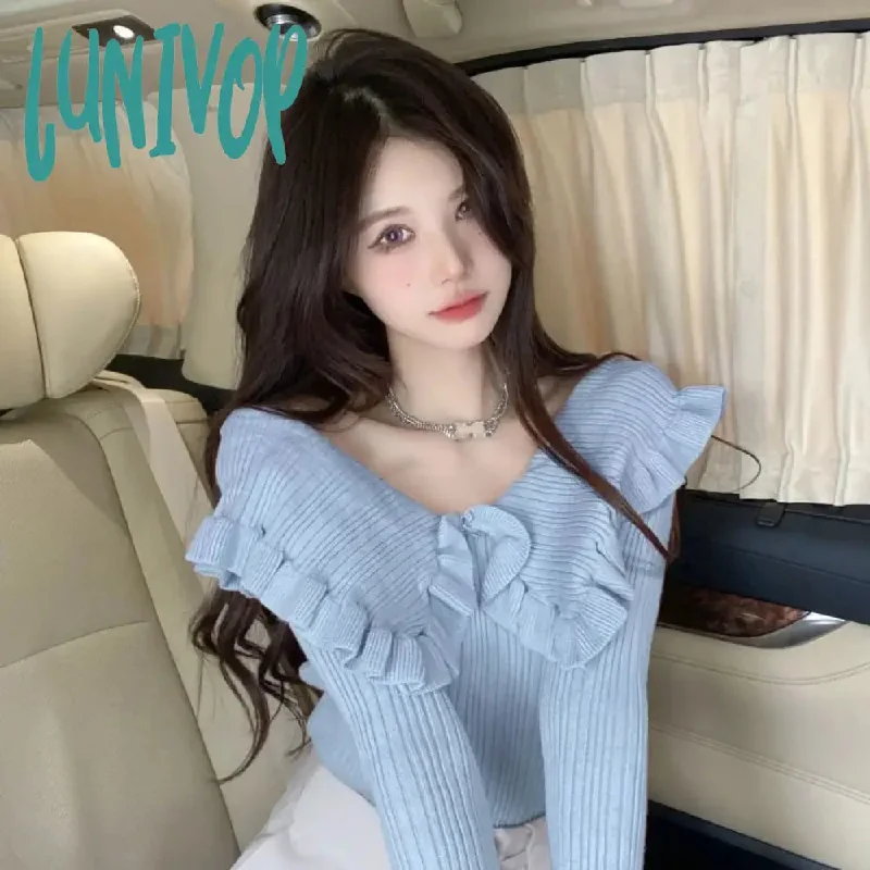 Lunivop Chic Sweet Knitwear Women Spring and Autumn New Solid Color Long-sleeved Sweater Tops Versatile Cute Pullover Top Female