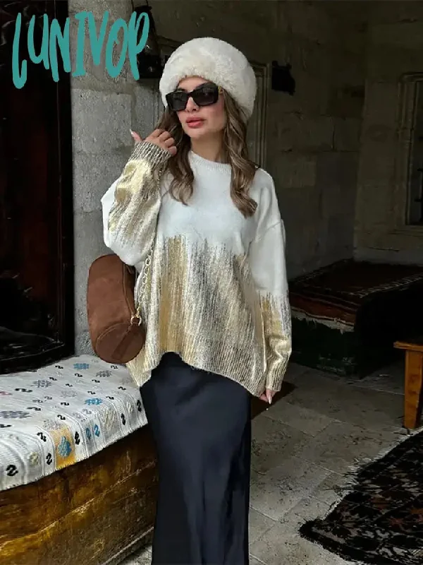 Lunivop Elegant Gradient Gold Metallic Women's Loose Sweater Casual Chic O Neck Long Sleeves Pullover Top 2024 Lady Club Fashion Jumpers