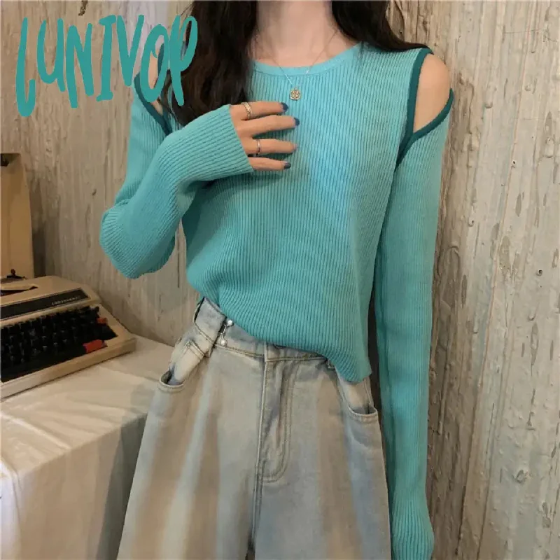 Lunivop Fashion Off-the-shoulder Women's Pullover Tops Long-sleeve Autumn New Knitted Shirt Round Neck Female Sweater