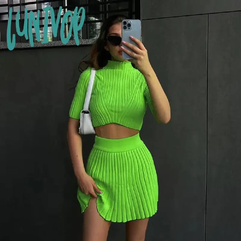 Lunivop Knitted Slim Sweater Skirt Set Women Fashion Two Piece Set Sexy Short Sleeved Cropped Tops Short Skirts 2 Piece Set Party Outfit