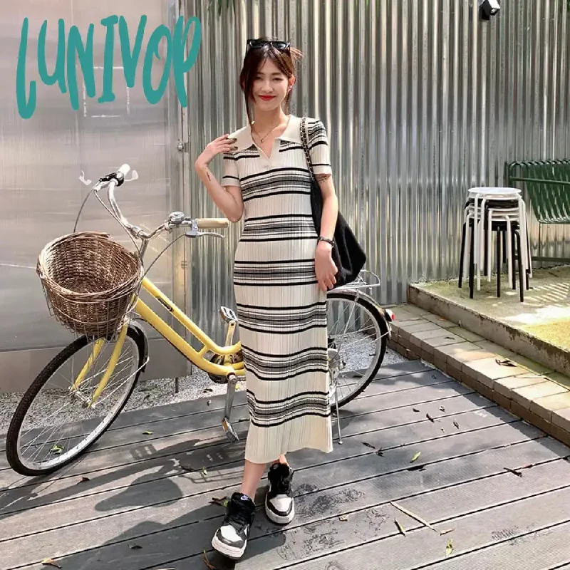 Lunivop Korean Casual Striped Knitted Dress Women Summer New Turn-down Collar Design Short Sleeve Midi Dress Ladies Sweater Dress