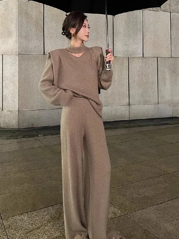 Lunivop Korean Version of the Slim Knitting Suit Ladies Temperament Sweater Wide-legged Pants Fashion Autumn and Winter Two-piece Set