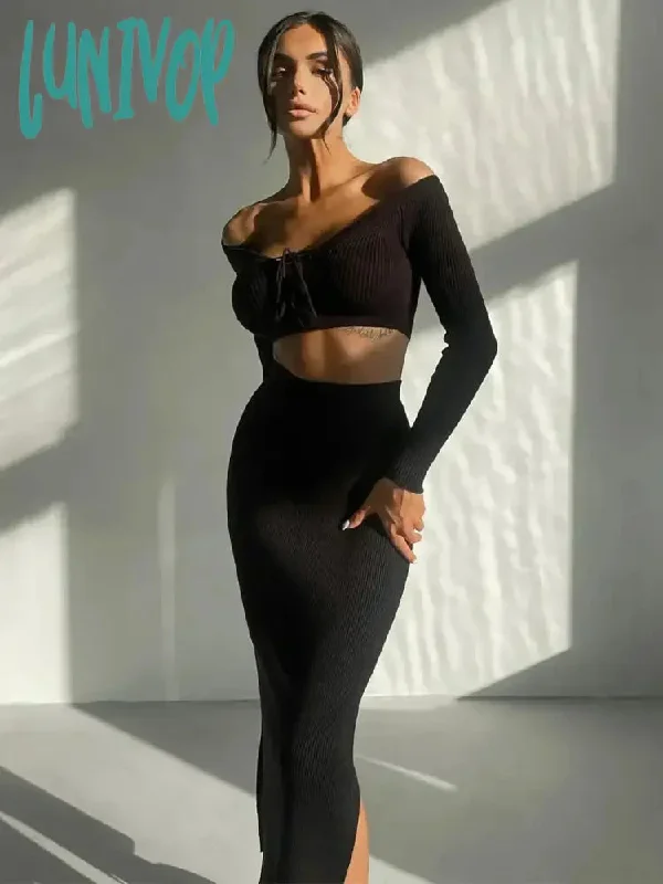 Lunivop Off Shoulder Fashion Sexy Bandage Top and Skirt Co-ords Sets Elegant Outfits Knitted Sweater Two Piece Sets Autumn  Club Skirt Sets