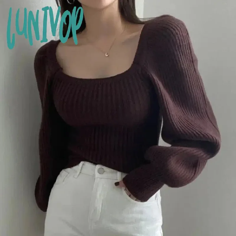 Lunivop Sexy Low-Cut Square Collar Sweater Woman Vintage Puff Sleeve Slim Fit Knitted Jumper Autumn Winter Elastic Knitwear