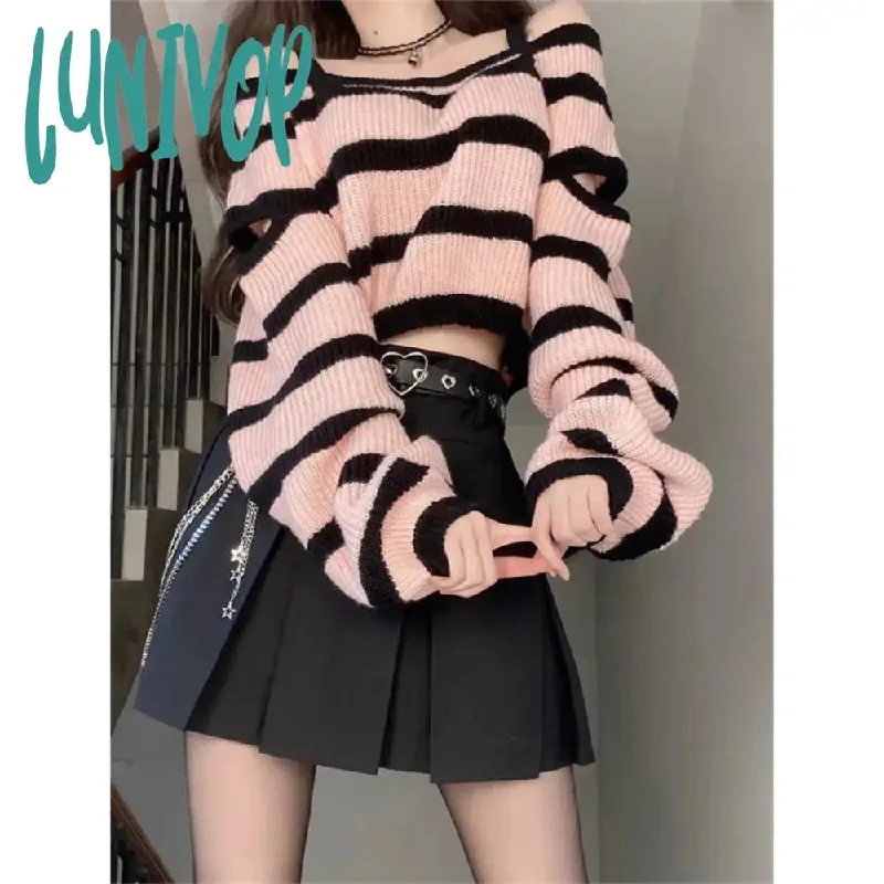 Lunivop Y2K Vintage Pink Striped Cropped Sweater Women Harajuku Off Shoulder Knitted Jumper Korean Fashion Casual Knitwear Tops