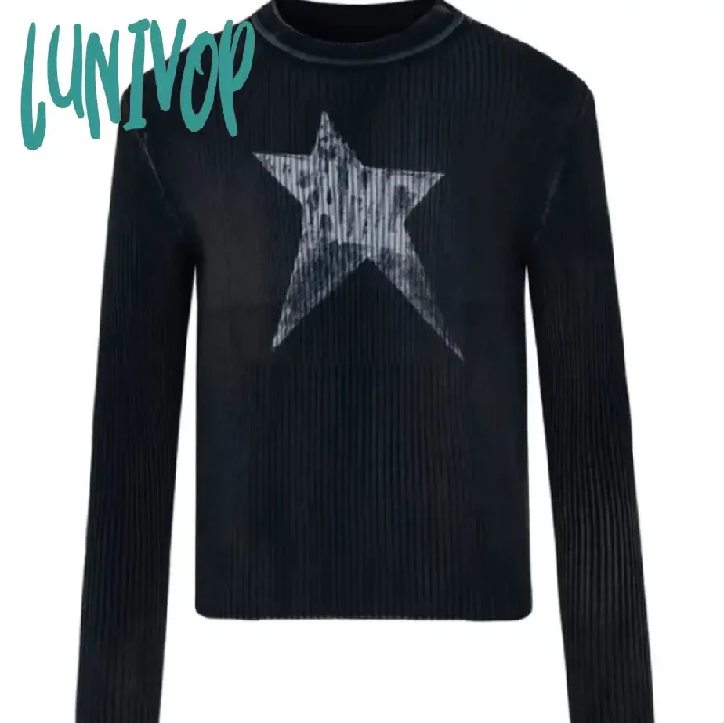 Lunivop Y2k Vintage Star Crop Sweater Women American Retro Grunge Knitwears Black Knit Pullover Trashy 2000s Graphic Top Female