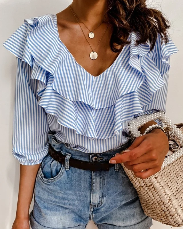 FashionSierra - New Blue Striped Ruffles Collar Blouse for Lady Half Sleeve V-Neck Shirts