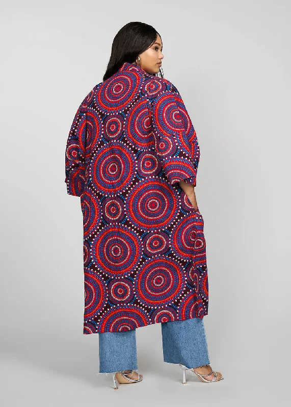 Ondina Women's African Print Kimono (Red Indigo Circles)