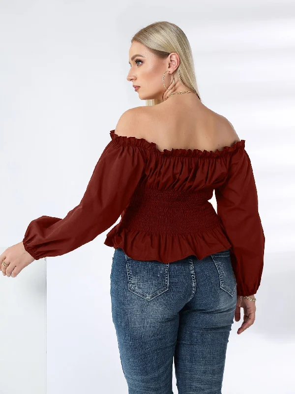 KittenAlarm - Plus Off Shoulder Lace Up Ruffle Hem Peplum Blouse