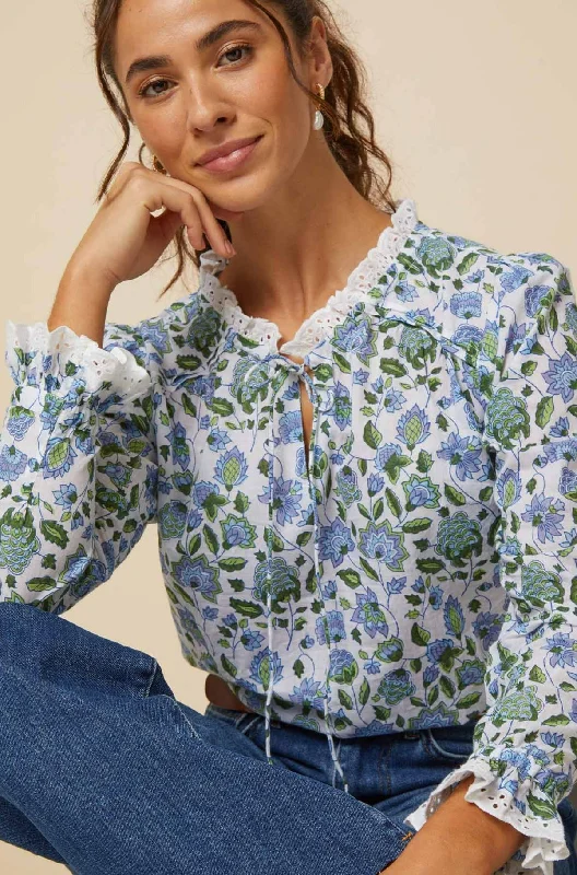 Rosie Block Print Blouse | Blue/Green