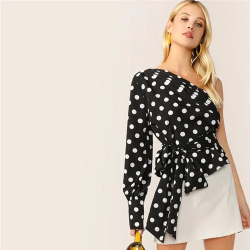 SHEIN Sexy Layered Foldover Skew Neck Collar Belted Blouse Women Spring Highstreet Bishop Sleeve Polka Dot Print Ladies Tops