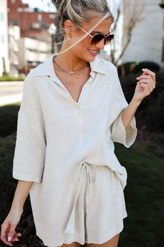 FINAL SALE - Summer Escapades Oatmeal Linen Blouse - DU DEAL