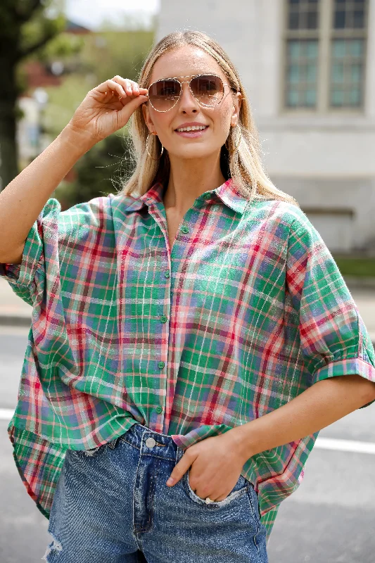 FINAL SALE - Surely Charmed Green Plaid Blouse