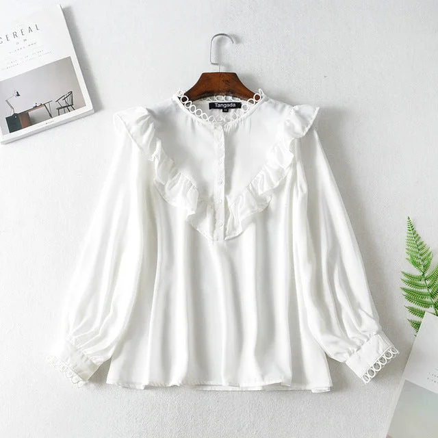 Tangada women ruffle white shirts long sleeve solid o-neck elegant office ladies work wear blouses FN114