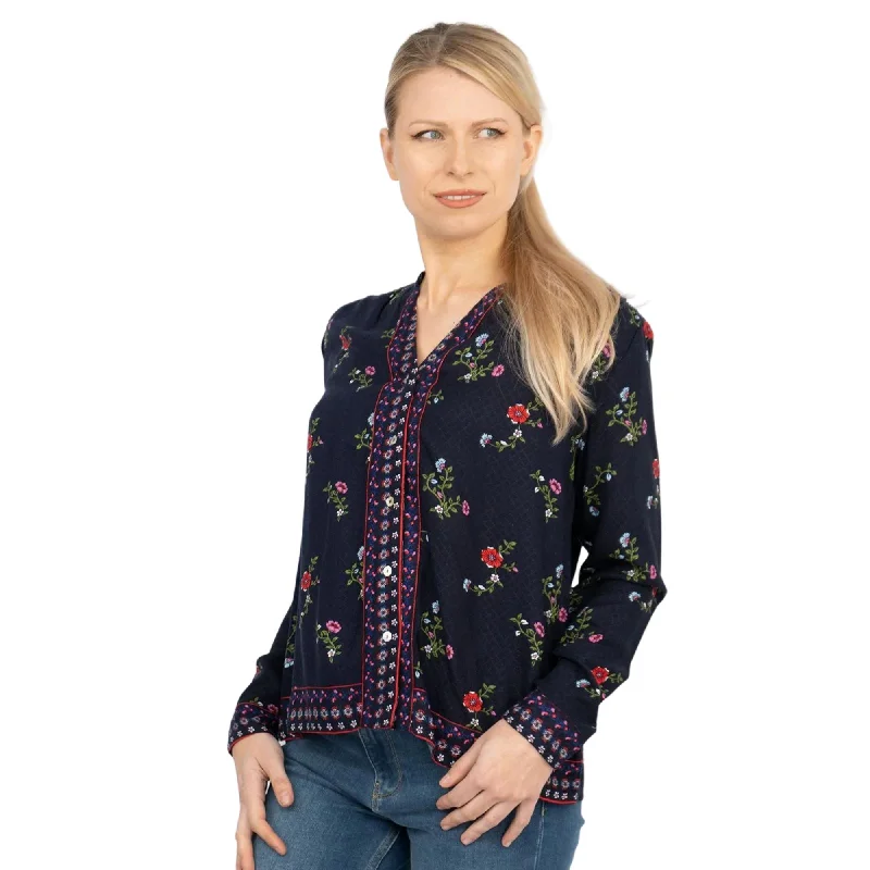 Navy Floral Long Sleeve Relaxed Fit Women's Shirts Button-Up Tops