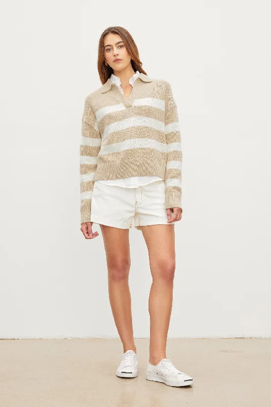 Velvet Lucie Striped Polo Sweater in Sable Milk