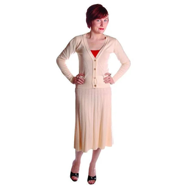 Vintage Womens Size S Cashmere Sweater Suit 1950s Cream Secretary Rockabilly