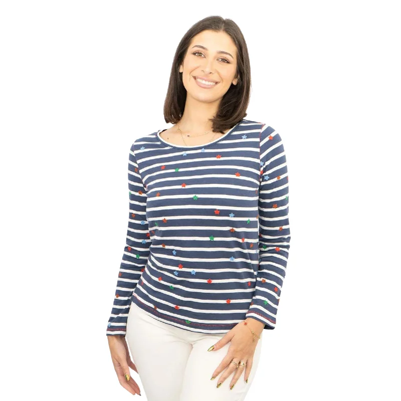 White Stuff Long Sleeve Navy Striped Embroidered Casual Cotton Jersey Tops