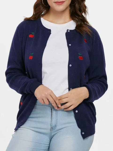 Plus Size Cherry Embroidered Buttoned Jumper Cardigan Casual Solid Single Breasted Knit Sweater Cardigan 4XL Women Coat