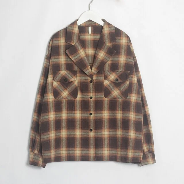 FashionSierra - WomenCasual Long Sleeve Loose  Plaid Blouse