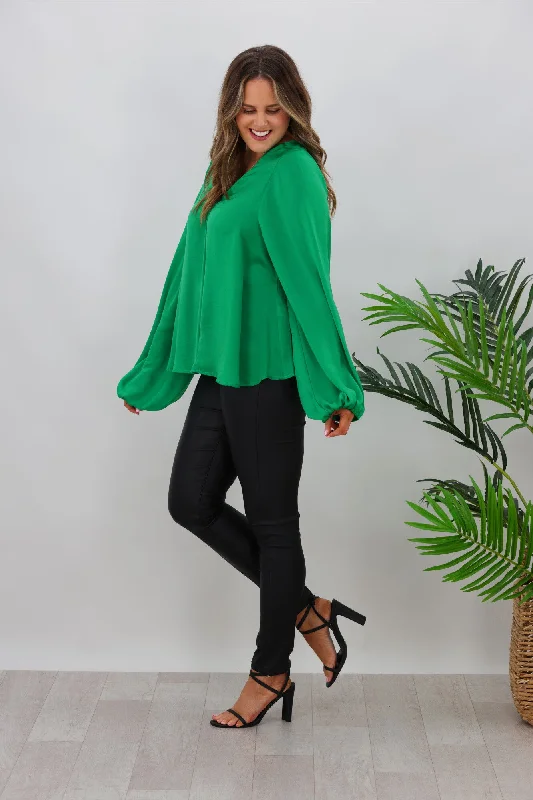 Cali & Co Cross Neck Satin Blouse Green