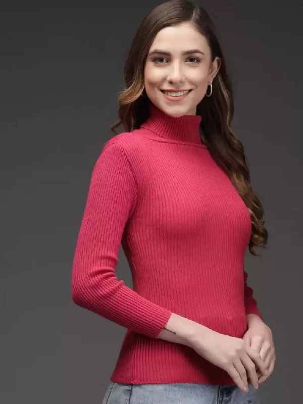 TANDUL  Solid High Neck Casual Women Pink Sweater