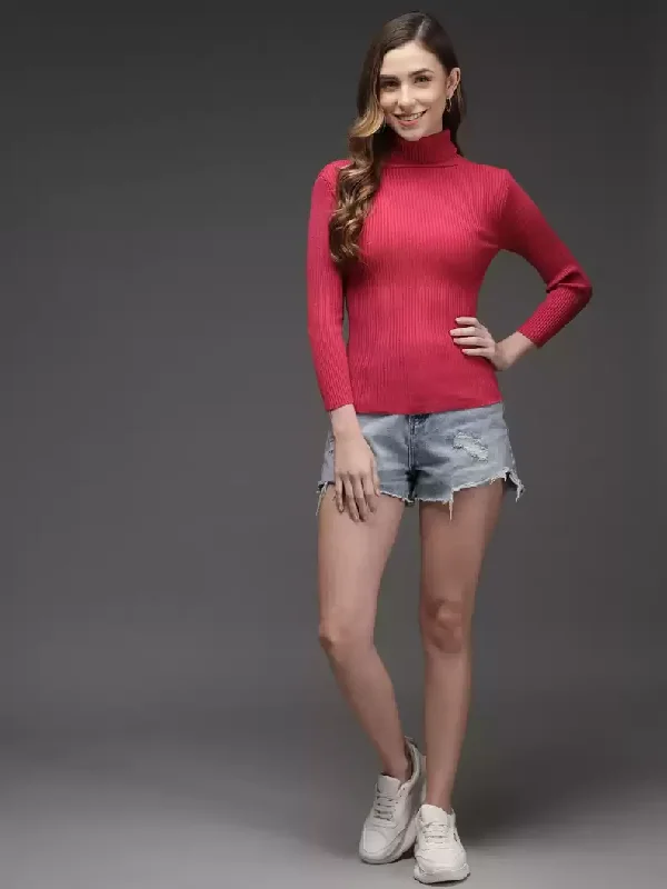 TANDUL  Solid High Neck Casual Women Pink Sweater