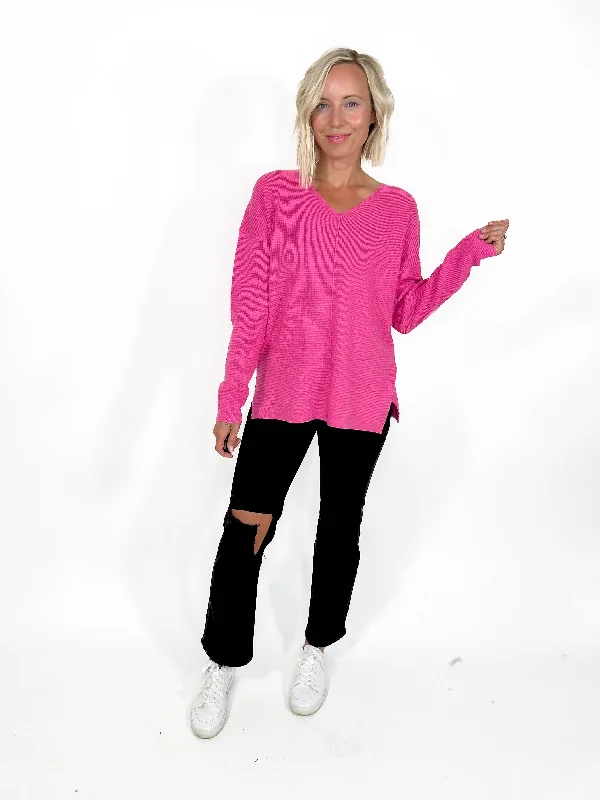 Sprucely Mini Waffle Sweater- HOT PINK