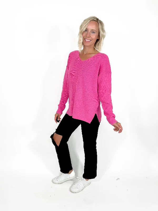 Sprucely Mini Waffle Sweater- HOT PINK