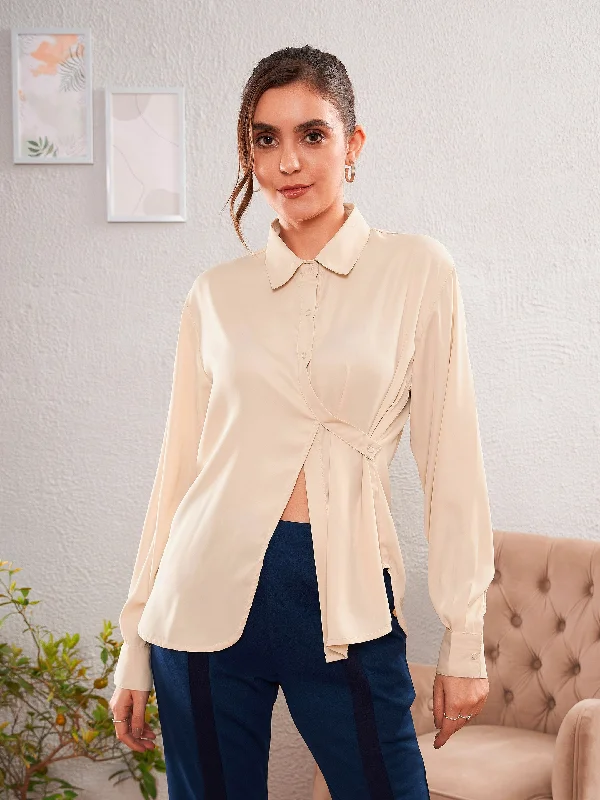 Women Beige Satin Turn-Down Collar Blouse