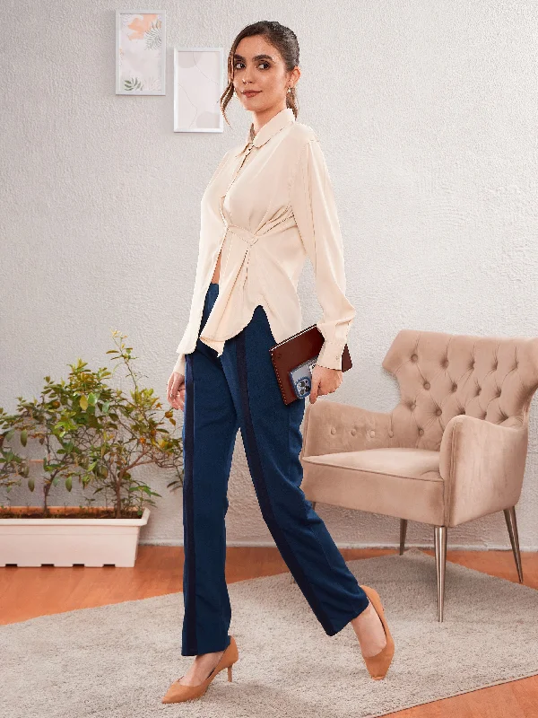 Women Beige Satin Turn-Down Collar Blouse