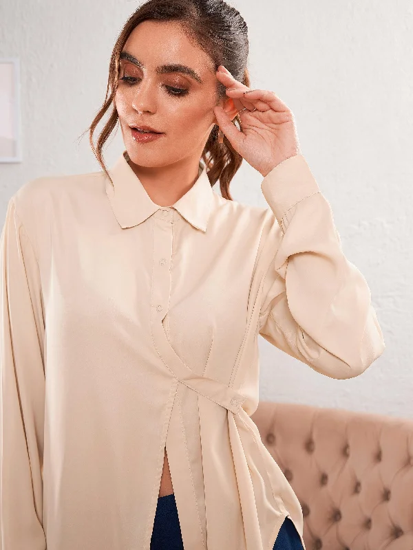 Women Beige Satin Turn-Down Collar Blouse