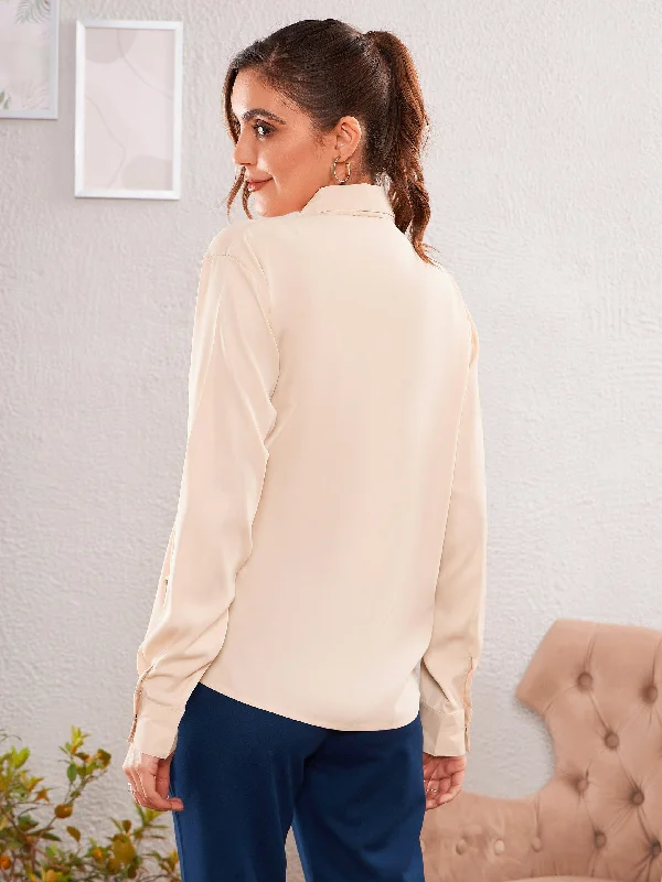 Women Beige Satin Turn-Down Collar Blouse