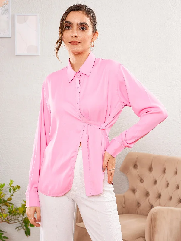 Women Pink Satin Turn-Down Collar Blouse