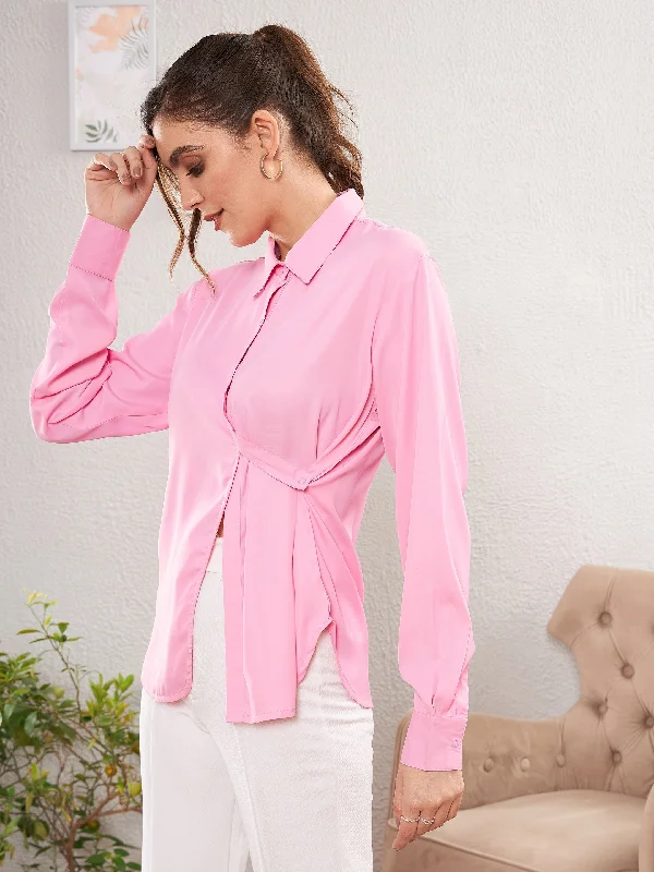 Women Pink Satin Turn-Down Collar Blouse