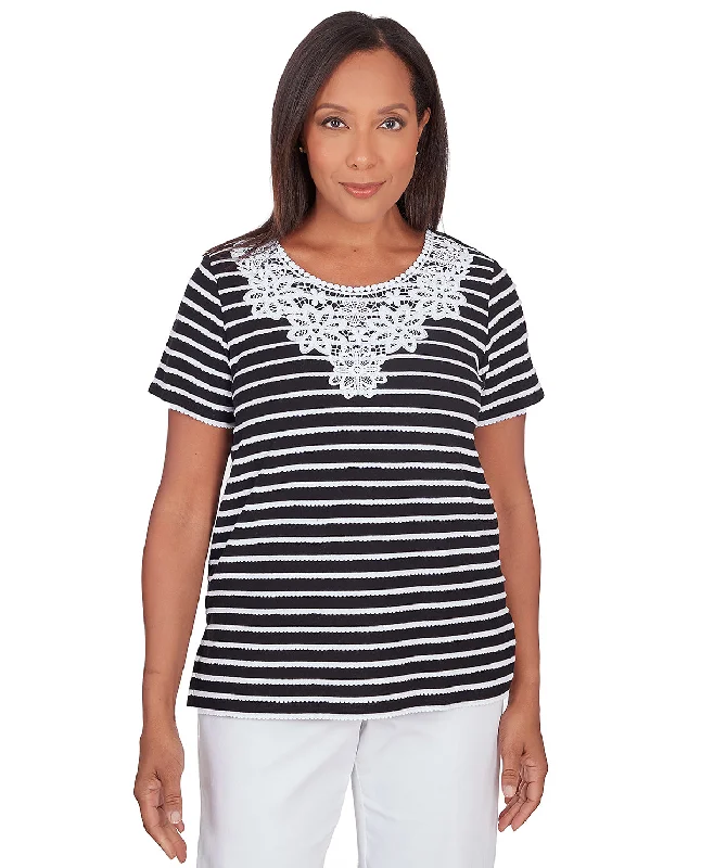 Alfred Dunner Stripe Lace Yoke Top