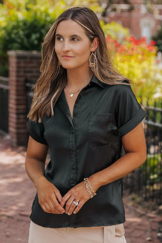 Black Short Sleeve Satin Button Up Top - FINAL SALE