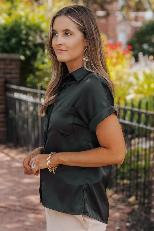 Black Short Sleeve Satin Button Up Top - FINAL SALE