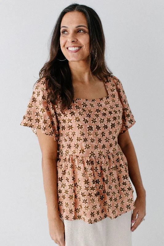 'Brynn' Square Neck Floral Print Peplum Top in Apricot