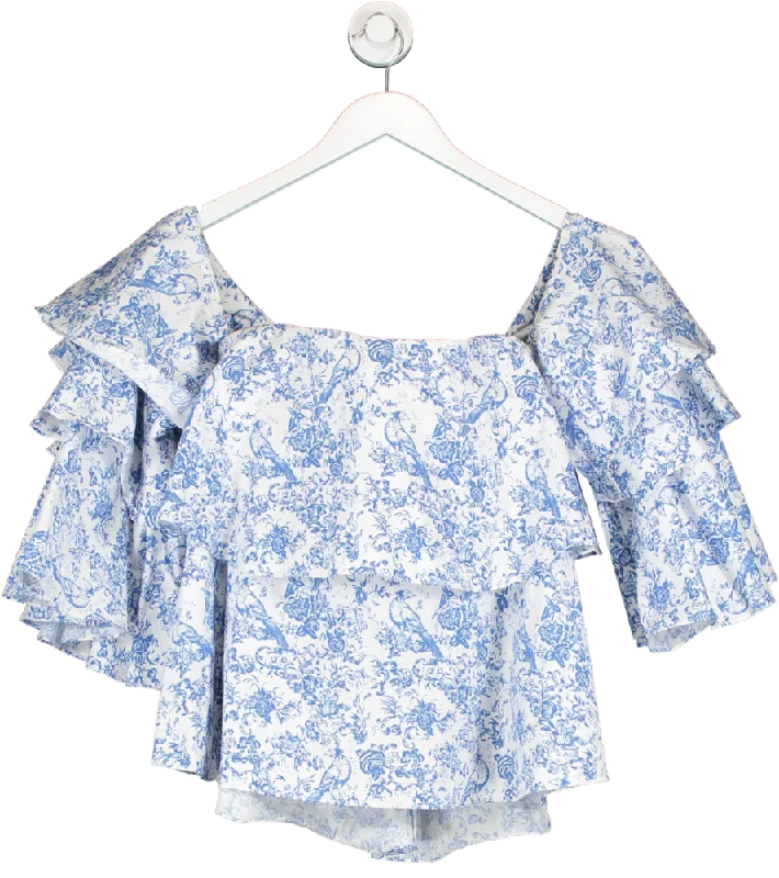 Caroline Constas Blue Off The Shoulder Tiered Ruffle Top In Floral Print UK XS