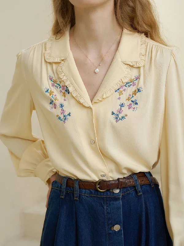 Convallaria Floral Embroidered Light Yellow Puff Top