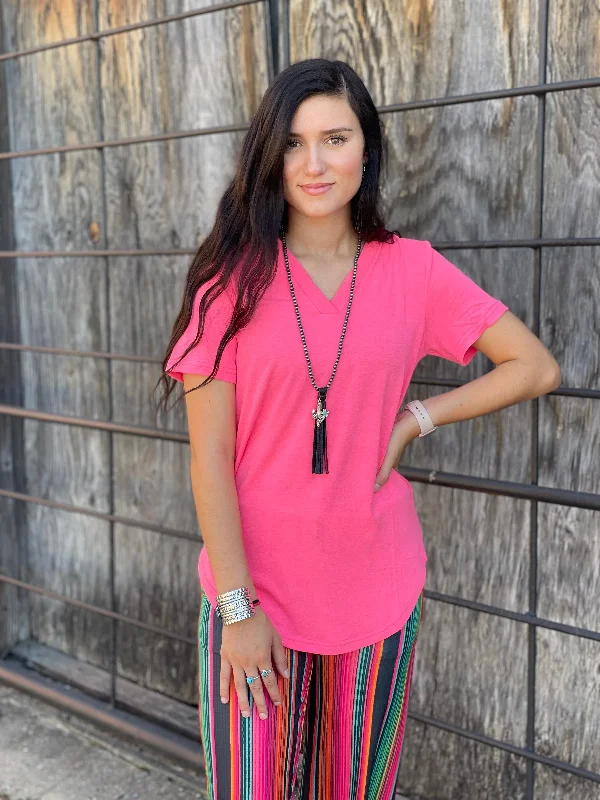 Crazy Train Neon Pink V-Neck Basic Top